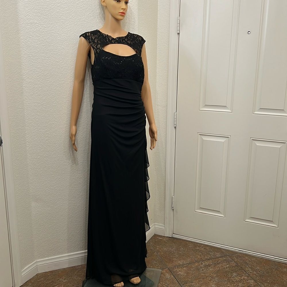 B&A By Betsy & Adam Dress Black Evening Sz 12 Lace Sequin Cutout Shirred Maxi
